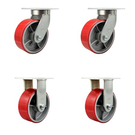 Service Caster 8'' Heavy Duty Red Poly on Cast Iron Caster Set 2 Swivel Locks 2 Rigid, 4PK CRAN-SCC-KP92S830-PUR-RS-BSL-2-R-2